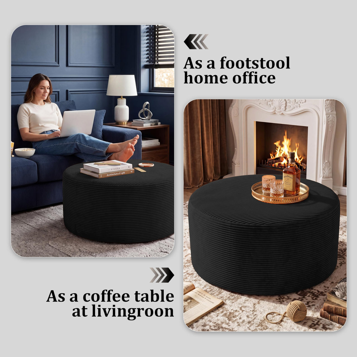 BSHOMGI Nesting Coffee Table Set of 2,Corduroy Ottoman Soft Foot Rest Movable LargePouf Footstool for Living Room Sofa Couch Bedroom Entryway and Small Spaces No Assembly (Blue, 32"+17")