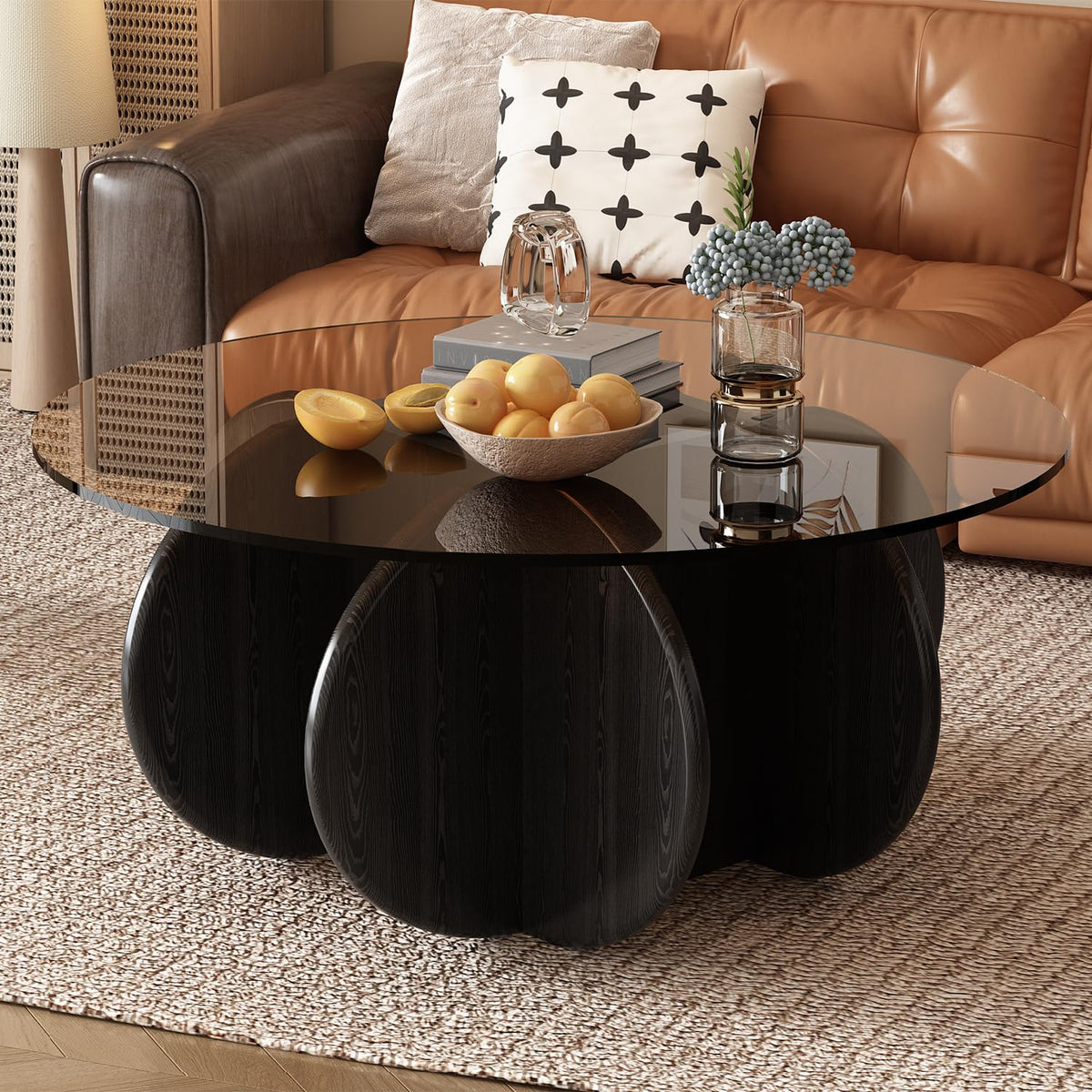 31.5'' Round Coffee Table with Tempered Glass Top, Modern Center Table for Small Spaces - Sturdy Walnut Board Frame, Simple Design for Living Room, Home, Office - Easy Assembly. (Walnut + Brown)