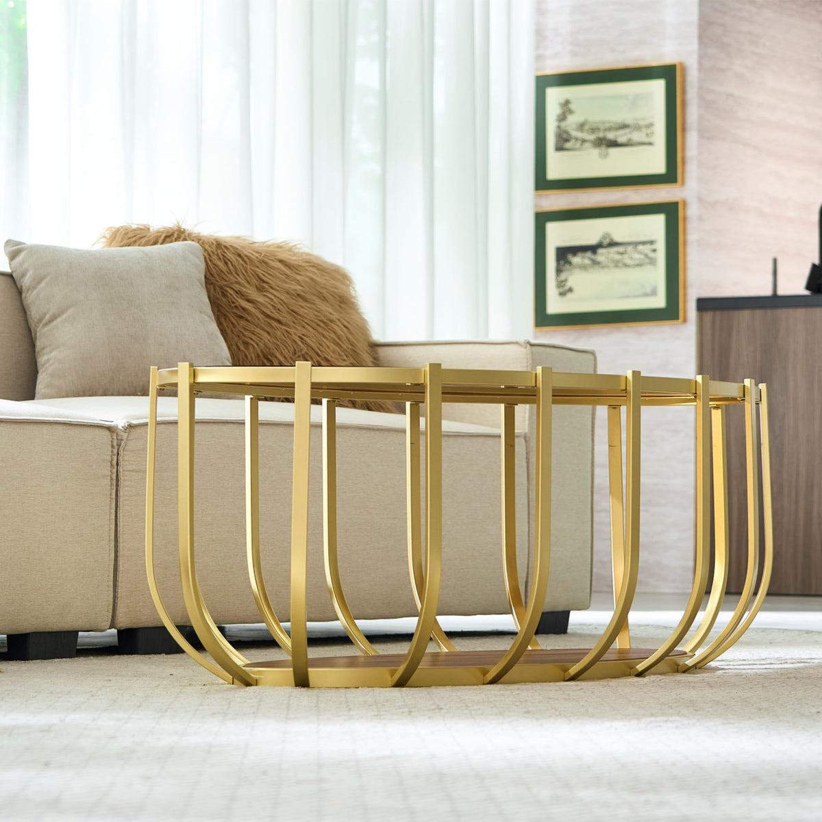 Saint Mossi Gold Round Coffee Table with Clear Glass Top and Glass Shelf