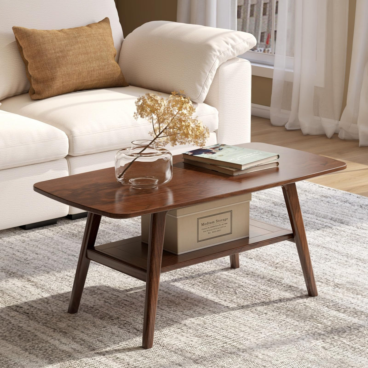 100% Solid Oak Coffee Table with Storage Shelf, 31.49" W