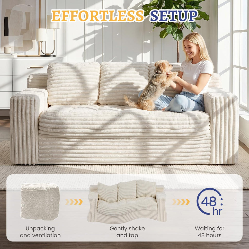 Boneless Couch, Cloud Loveseat Sofa Corduroy Couch in a Box, Upholstered Boneless 3 Seater Couch for Living Room Bedroom Office Apartment
