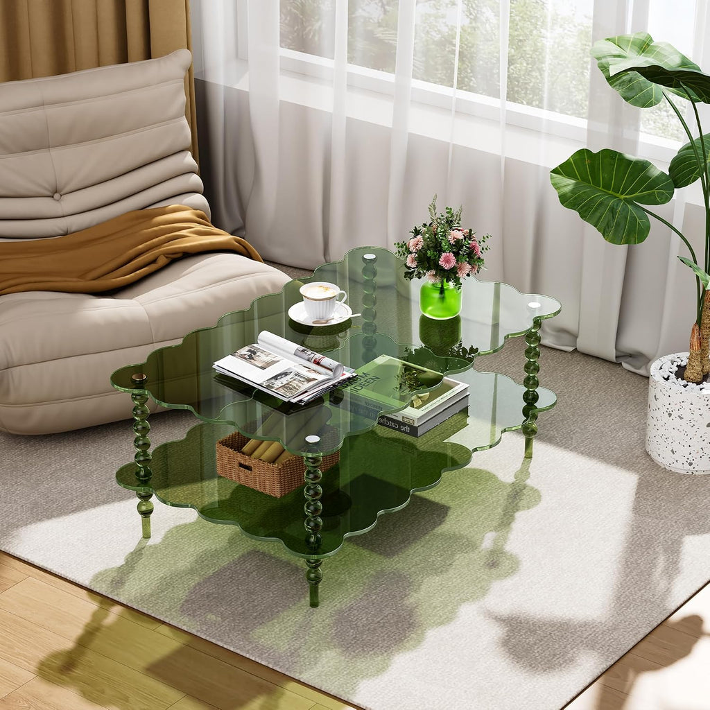 Acrylic Coffee Table, 2-Tier Living Room Table with Storage, Center Table Mid-Modern Century for Living Room, Easy to Assemble (Green, 37.8âÃ23.6âÃ15.7â)
