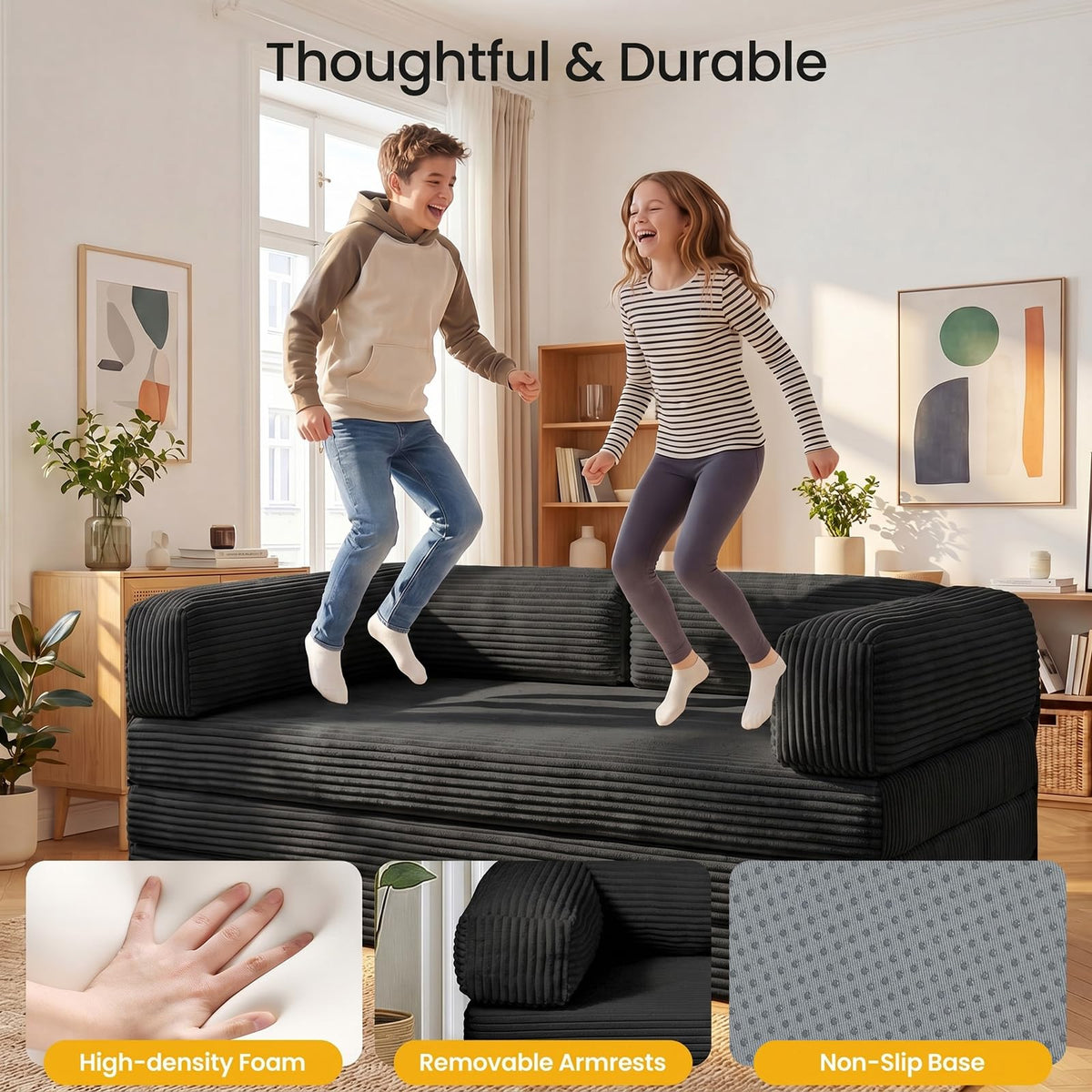 Erament Futon Sofa Bed Queen, Convertible Tri Folding Mattress Foldable with Removable Armrests & Washable Cover, 5-Inch Floor Mattress with High-Density Foam, Small Pull Out Couch Bed, Beige