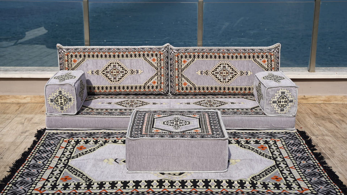 Gray L Shaped Pallet Cushions, Arabic Floor Sofa Set, Oriental Floor Seating, Sectional Floor Cushion, Indoor Floor Pillows, Arabic Majlis Set, Sofa Bed (U Sofa + Rug + Ottoman, 8'' Thickness (20 cm))