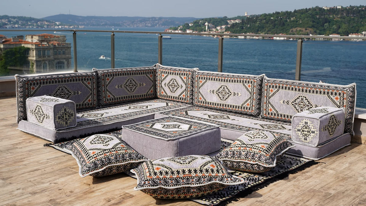 Gray L Shaped Pallet Cushions, Arabic Floor Sofa Set, Oriental Floor Seating, Sectional Floor Cushion, Indoor Floor Pillows, Arabic Majlis Set, Sofa Bed (U Sofa + Rug + Ottoman, 8'' Thickness (20 cm))