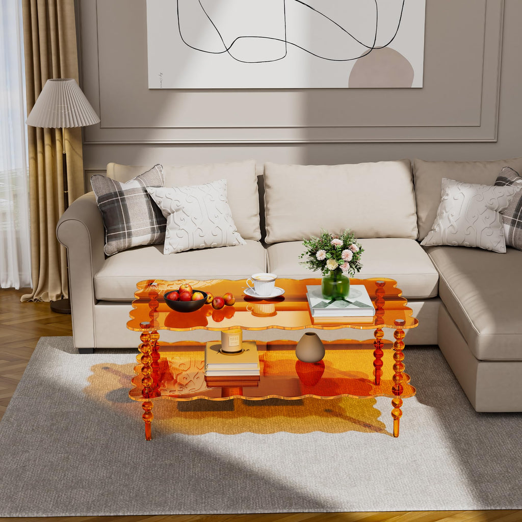Acrylic Coffee Table, 2-Tier Living Room Table with Storage, Center Table Mid-Modern Century for Living Room, Easy to Assemble (Green, 37.8âÃ23.6âÃ15.7â)