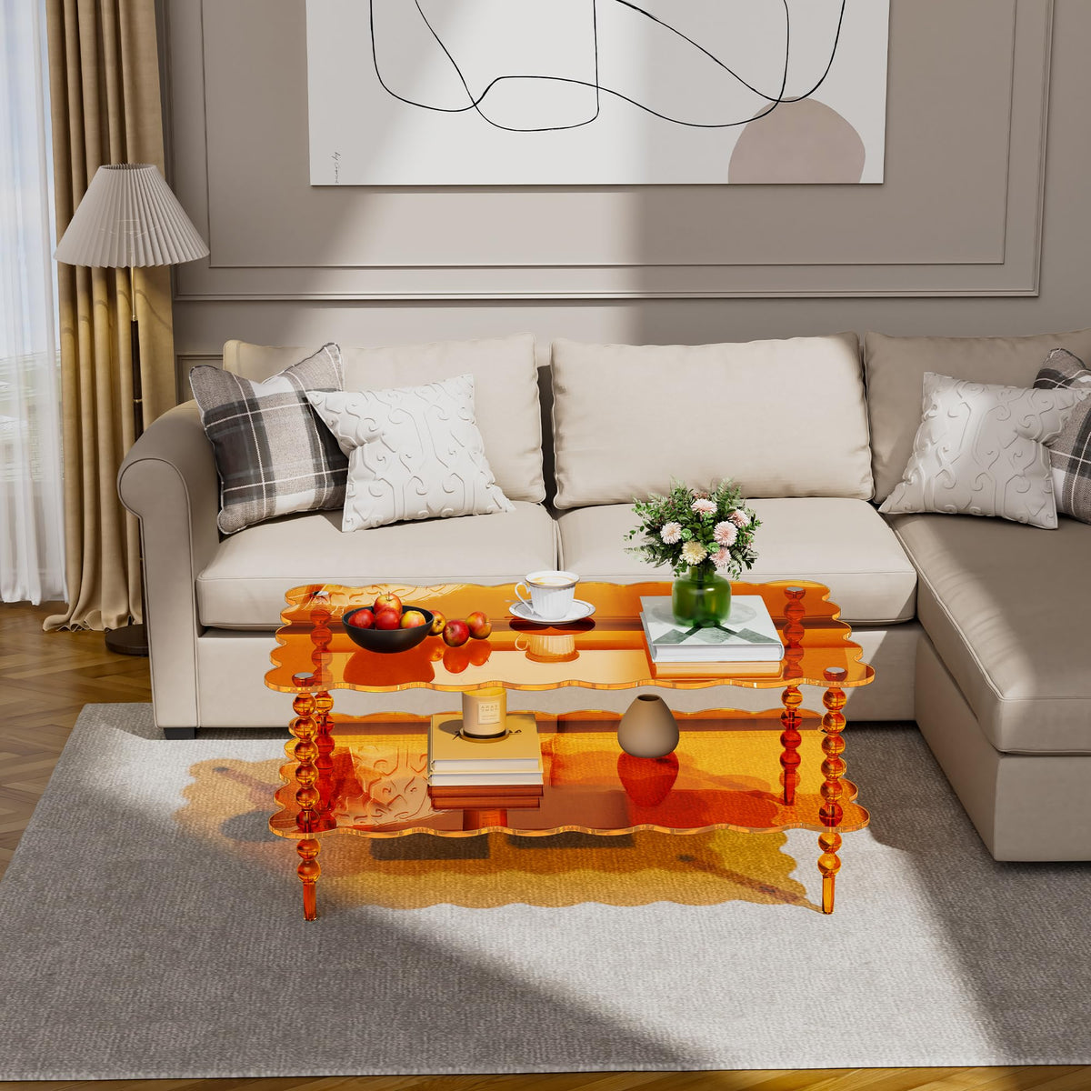 Acrylic Coffee Table, 2-Tier Living Room Table with Storage, Center Table Mid-Modern Century for Living Room, Easy to Assemble (Green, 37.8âÃ23.6âÃ15.7â)