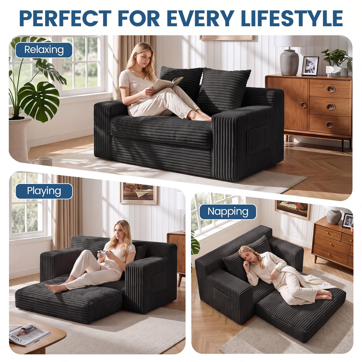 Boneless Couches for Living Room, 2 Seater Boneless Loveseat Sofa, Premium Memory Foam Couch in a Box, Cozy Bean Bag Couch, Lazy Floor Sofa & Loveseat for Bedroom Office Lounge Apartment,Beige