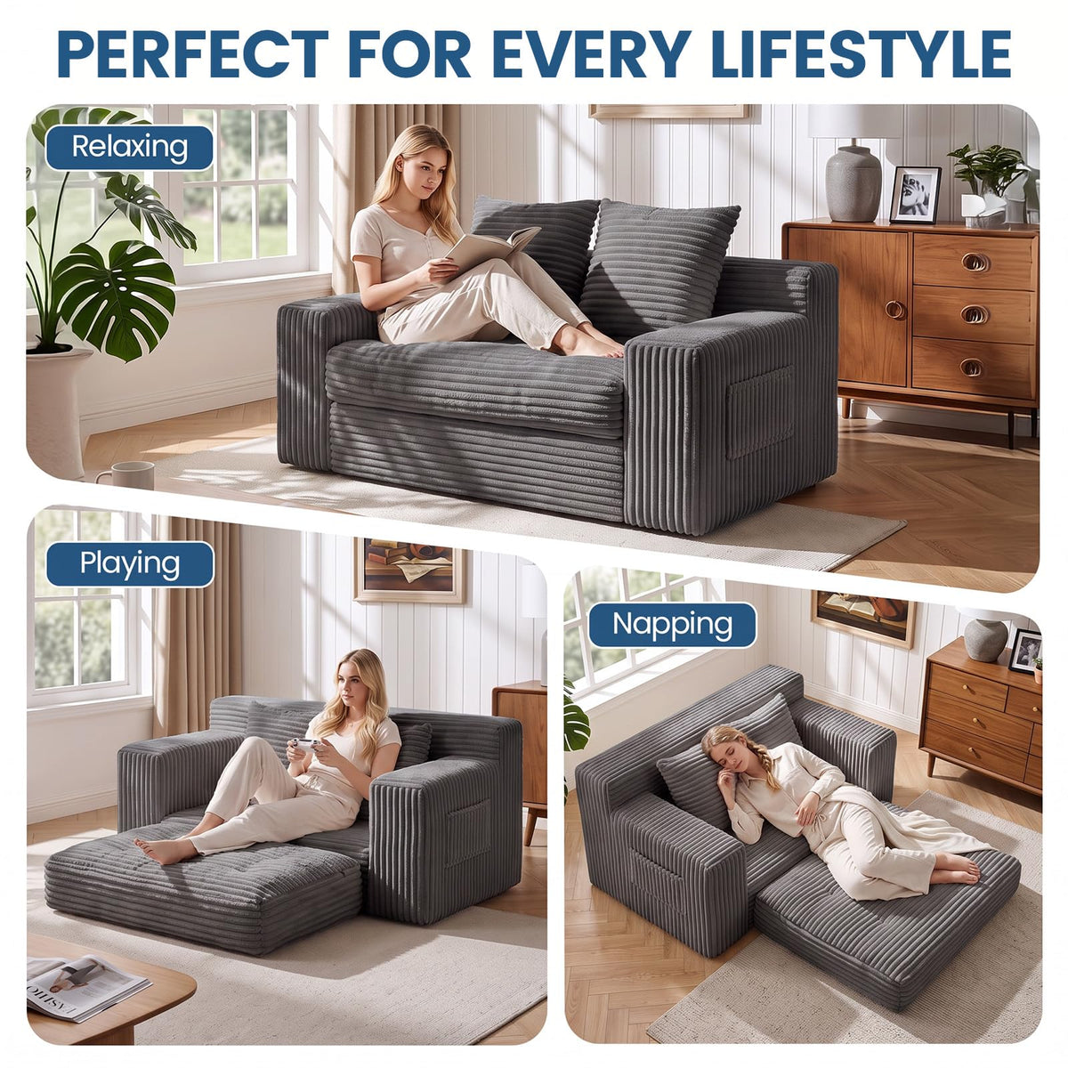 Boneless Couches for Living Room, 2 Seater Boneless Loveseat Sofa, Premium Memory Foam Couch in a Box, Cozy Bean Bag Couch, Lazy Floor Sofa & Loveseat for Bedroom Office Lounge Apartment,Beige