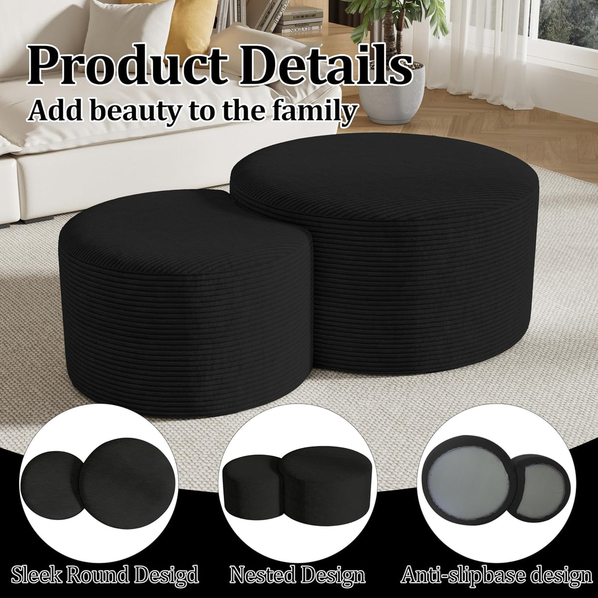 Round Nesting Coffee Table Set of 2,Upholstered Foam Ottoman Footrest Side Table Set,Modern Flannel Circle Coffee Table No Assembly for Living Room Entryway Bedroom,Black