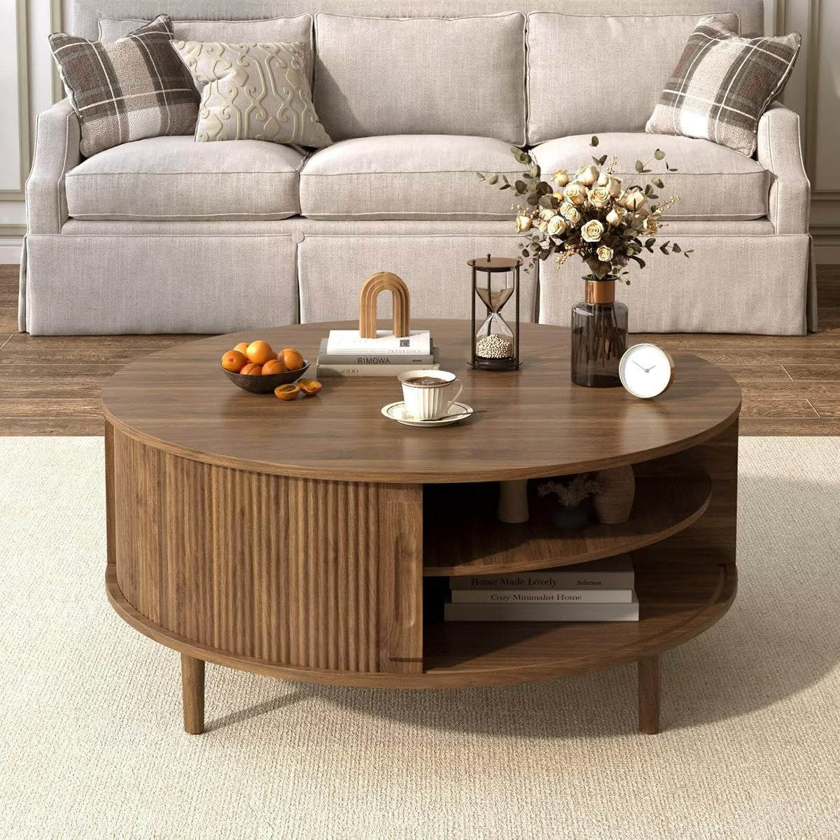 Round Lift Top Coffee Table, 39.4 Inch Minimalist Fluted Walnut Wood Cocktail Table with Hidden Divided Storage & Dual-Tier Open Side Shelves, Dark Walnut Finish Circular Living Room Center Table