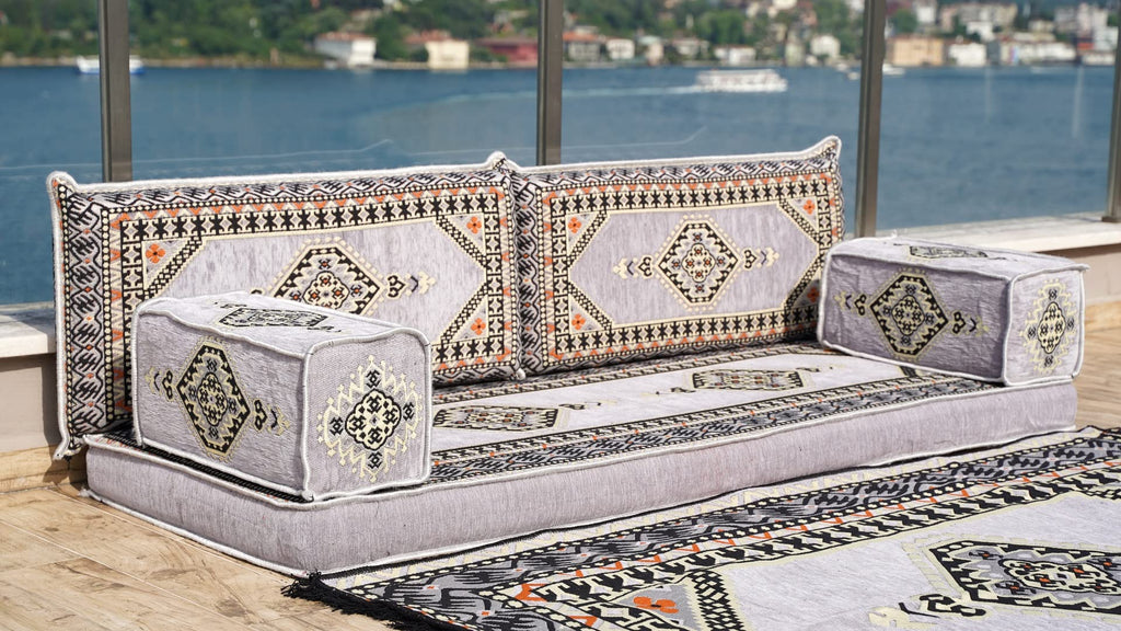 Gray L Shaped Pallet Cushions, Arabic Floor Sofa Set, Oriental Floor Seating, Sectional Floor Cushion, Indoor Floor Pillows, Arabic Majlis Set, Sofa Bed (U Sofa + Rug + Ottoman, 8'' Thickness (20 cm))