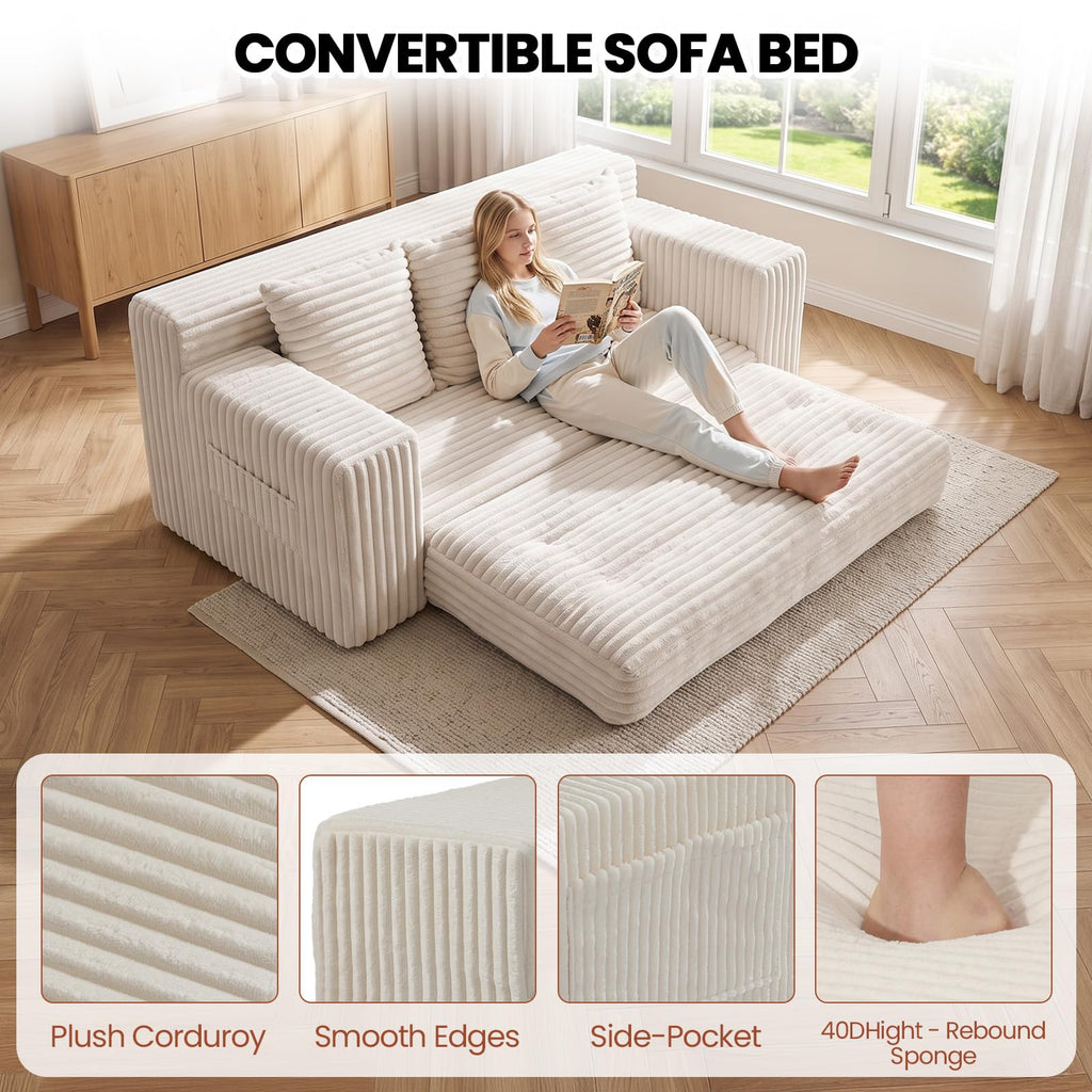 Small Boneless Couch, Boneless Loveseat Convertible Sofa Bed Sleeper Sofa Couch Bed with 2 Pillows, Corduroy Folding Floor Futon Foldable Boneless Couch for Living Room, Guest Room, Small Space, Black
