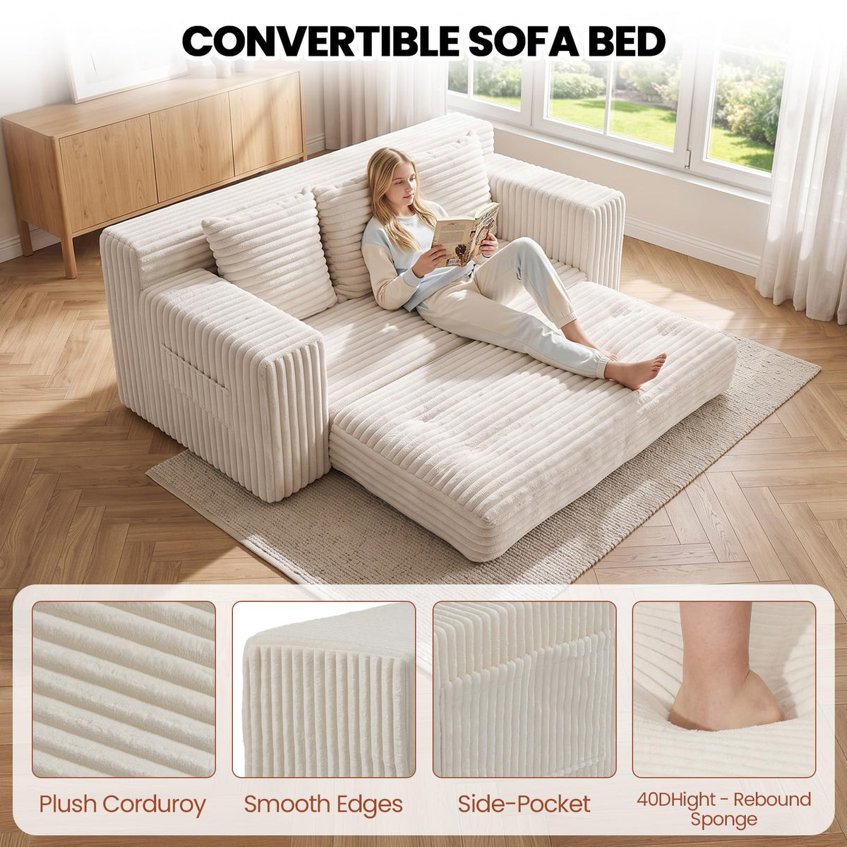 Small Boneless Couch, Boneless Loveseat Convertible Sofa Bed Sleeper Sofa Couch Bed with 2 Pillows, Corduroy Folding Floor Futon Foldable Boneless Couch for Living Room, Guest Room, Small Space, Black