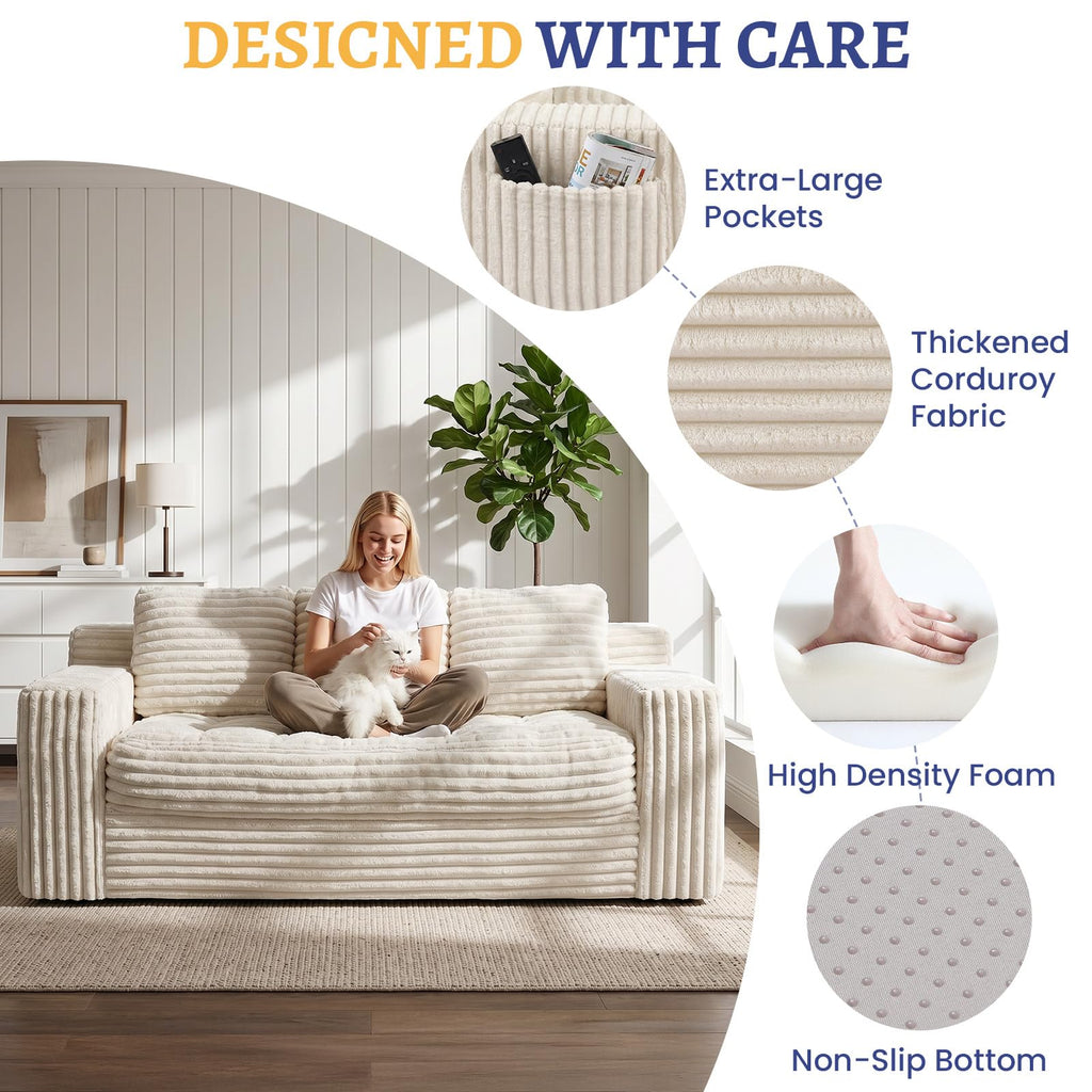 Boneless Couch, Cloud Loveseat Sofa Corduroy Couch in a Box, Upholstered Boneless 3 Seater Couch for Living Room Bedroom Office Apartment