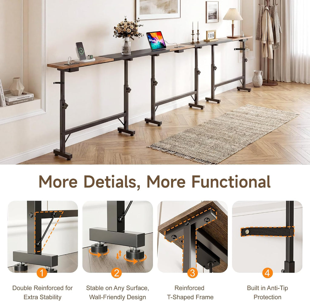 106"-157" Adjustable Length Behind Couch Sofa Table with 3 Power Outlets