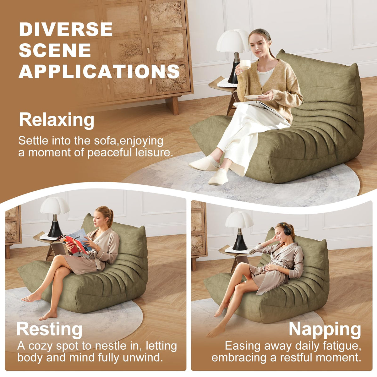 Full Foam 3-Seater Sofa, Bean Bag Floor Couch for Adults, Waterproof Fabric