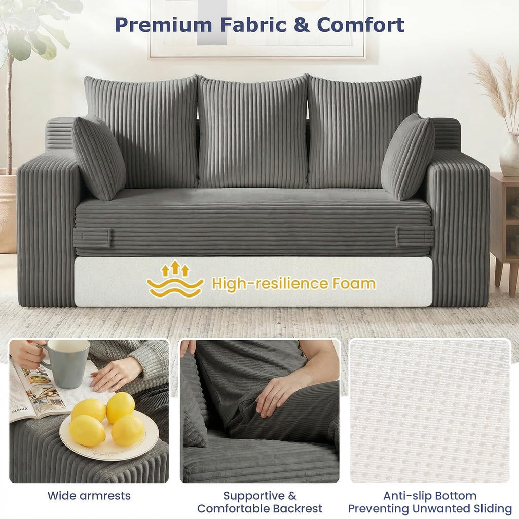 cidludto Convertible Sofa Bed, 3 in 1 Loveseat Folding Couch Bed Foldable - Chaise Lounge Chair & Floor Futon Sofa, Corduroy Pull Out Sofa Bed with 4 Pillows for Living Room, Beige