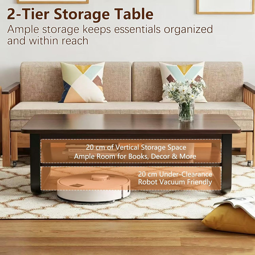 Coffee Table for Living Room with 2-Tier Storage Shelf, 39 inch Rectangular Wooden Center Table, Large Industrial Coffee Tables with Metal Leg & Rounded Corners for Home Office(Black)