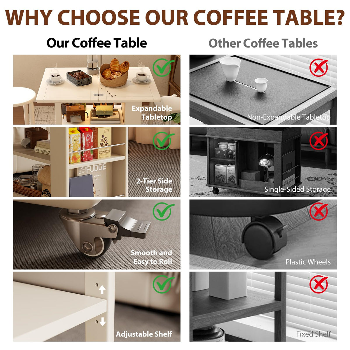 Expandable Coffee Table with Hidden Storage and Adjustable Shelves Walnut