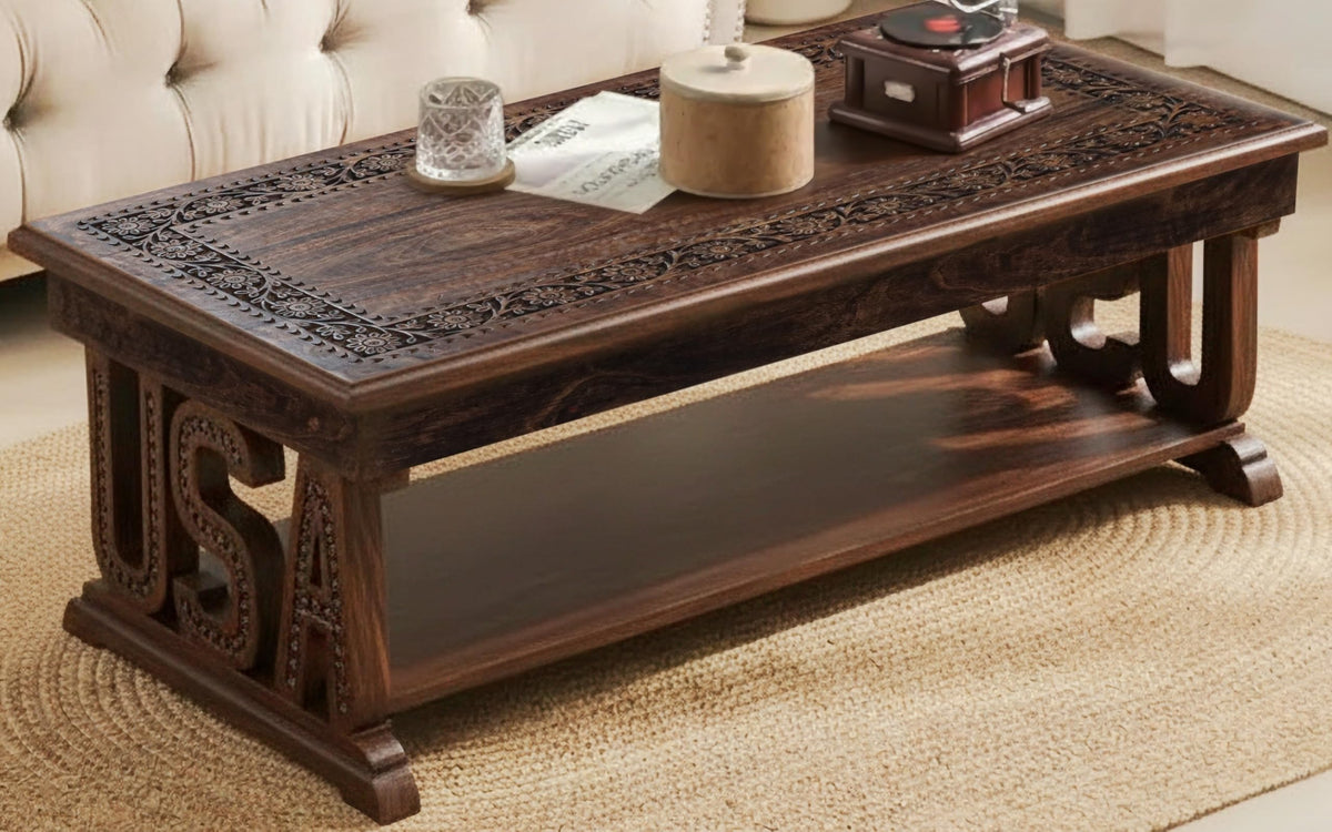 Farmhouse Coffee Table, Jali Carving, 36x24x18 in, Burnt