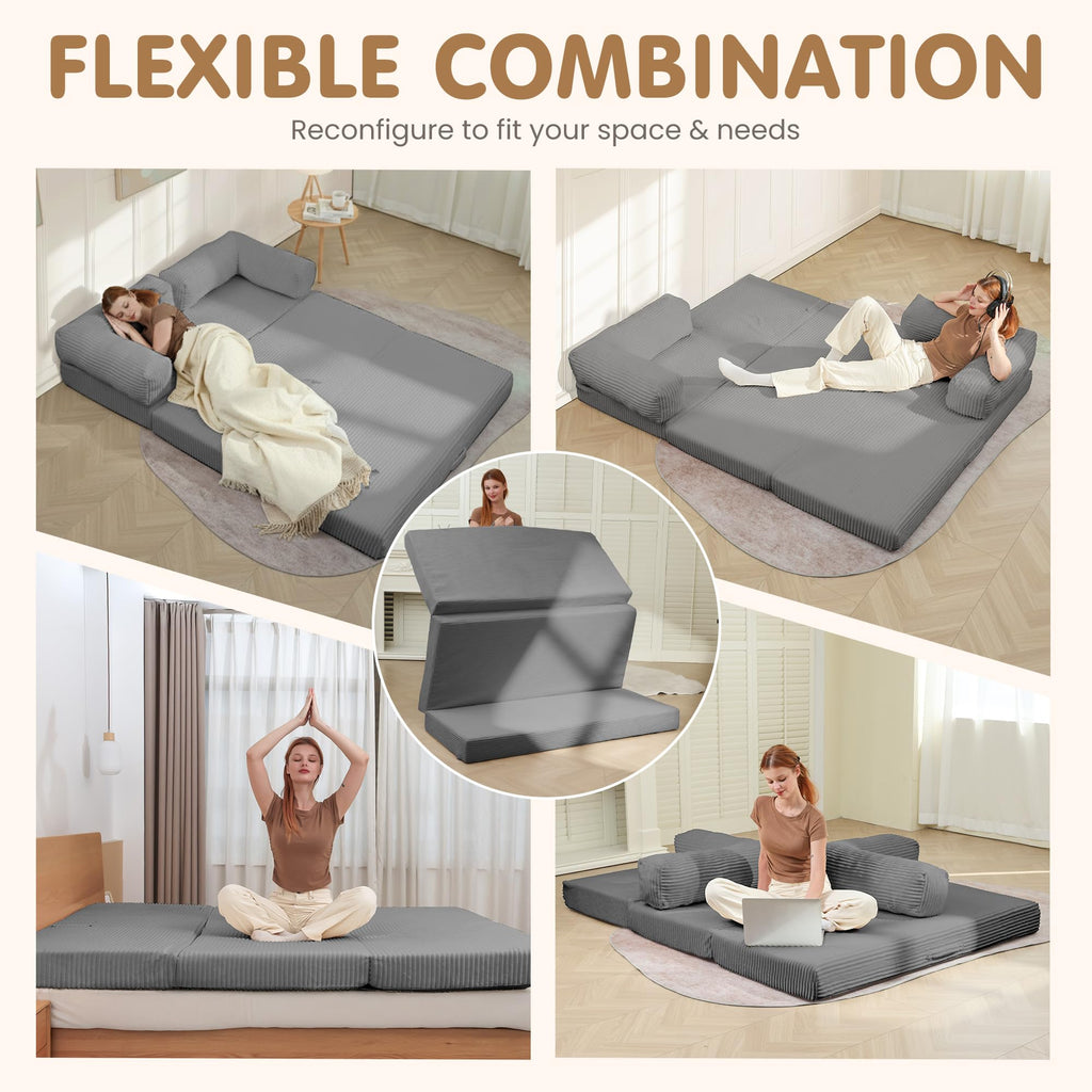 Convertible Sofa Bed Queen,5-in-1 Boneless Couch with Removable Armrests & Handle,Corduroy Futon Sleeper Sofa,Floor Folding Mattress Pull Out Bed for Small Space Apartment Living Room Bedroom,Green