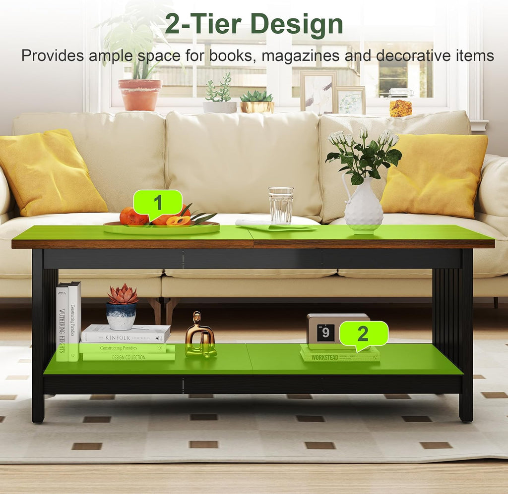 YOSHOOT 47.2" Farmhouse Coffee Table - Coffee Tables for Living Room, Small Coffee Table with Storage, Center Table for Living Room, Bedroom, Office, Black