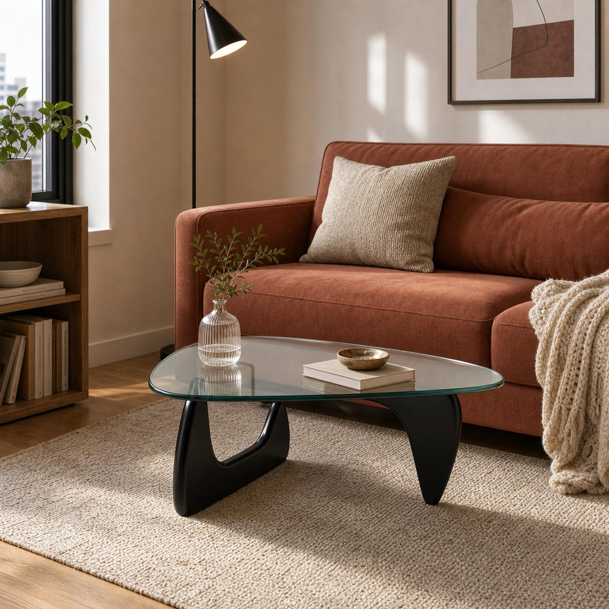 EASYSOUL Modern Glass Coffee Table, 32.68" D x 22.44" W x 15.75" H, Abstract Round Tea Tables for Living Room Home Office Industrial Cocktail Tables (Walnut-Brown Glass, 32.68")
