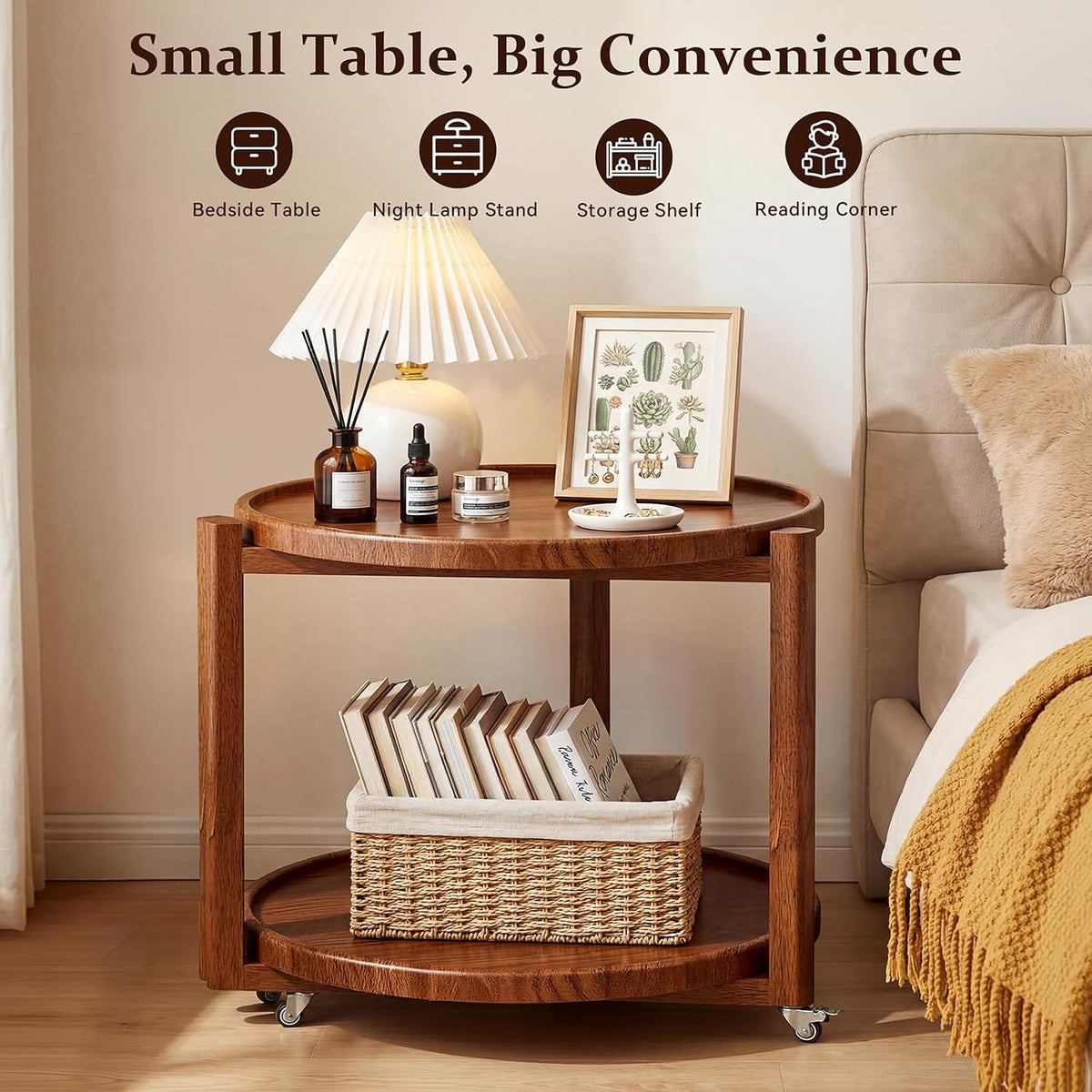Taitiy Rolling Side Table with Wheels, Small Solid Wood Round End Table