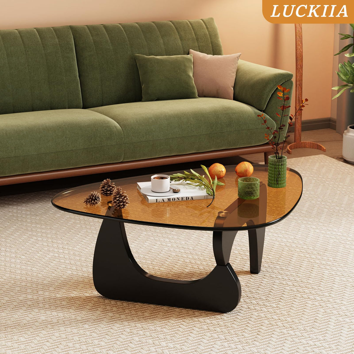 Coffee Tables Glass Small Farmhouse Coffee Table Mid-Century Modern Wood Center Table for Living Room, Walnut Transparent, 32 Inch