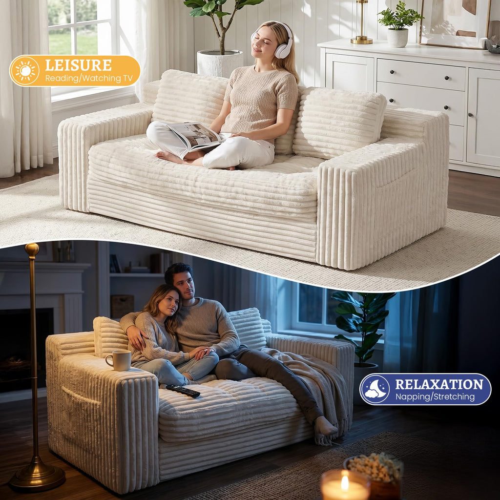 Boneless Couch, Cloud Loveseat Sofa Corduroy Couch in a Box, Upholstered Boneless 3 Seater Couch for Living Room Bedroom Office Apartment
