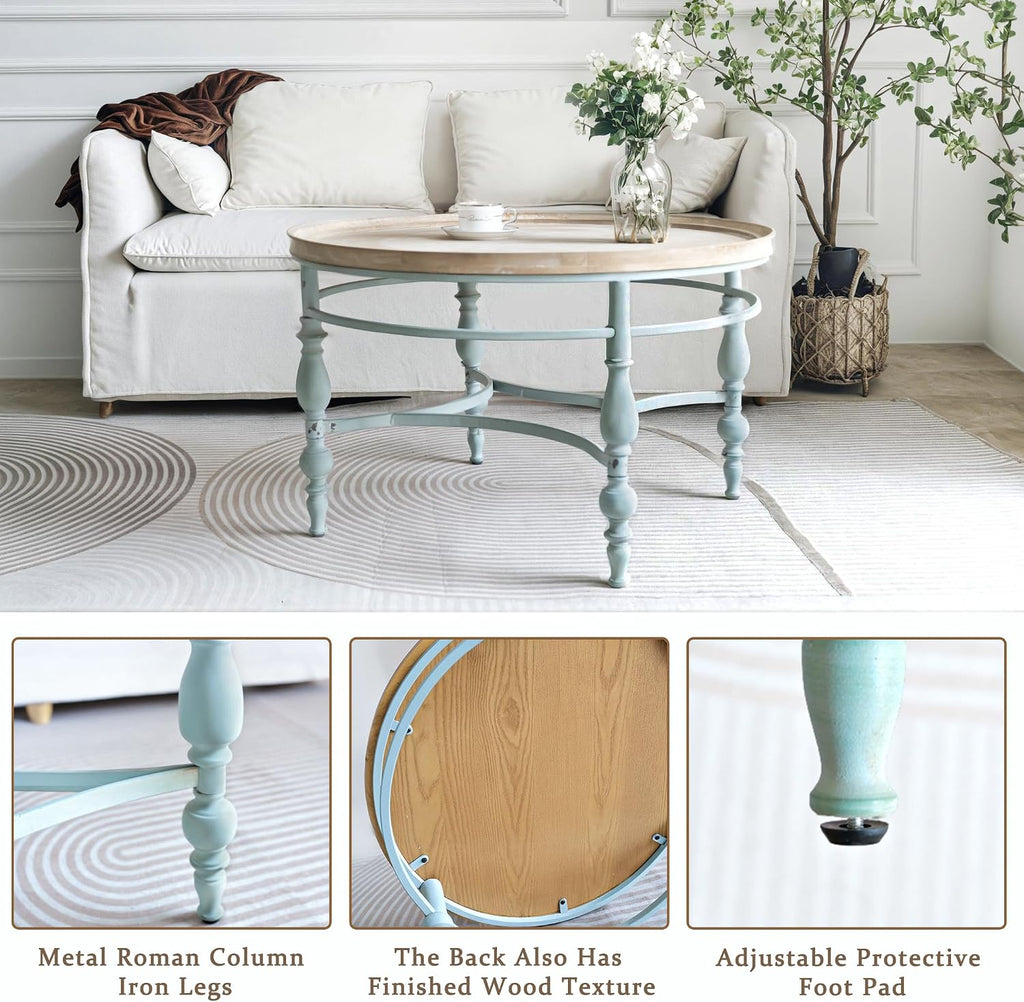 Rustic Farmhouse Round Coffee Table, French Country Vintage Center Table,Ï31.5'' x18.9''H Rustic Solid Wood with Vintage Iron Legs, for Living Room, Bedroom,Dinning Room,Nature White