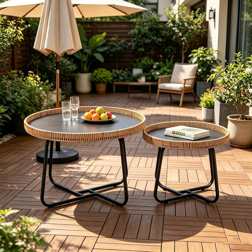 Round Nesting Coffee Table Set of 2, 27.6"+19.7" Nesting Side Tables with Woven Edge and Metal Frame, Modern Circle End Tables for Living Room Bedroom Office Balcony Yard Patio Indoor Outdoor
