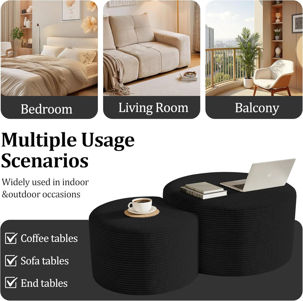 Round Nesting Coffee Table Set of 2,Upholstered Foam Ottoman Footrest Side Table Set,Modern Flannel Circle Coffee Table No Assembly for Living Room Entryway Bedroom,Black