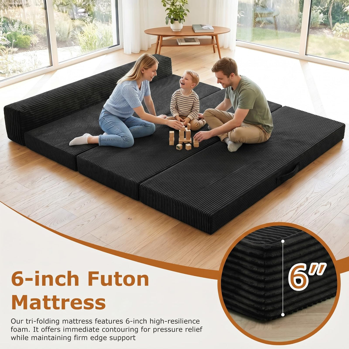 JUIKURY 6 Inch Tri-Fold Memory Foam Mattress Queen Size, 5 in 1 Convertible Sofa Bed, Foldable Floor Futon Sleeper Couch with Washable Cover & High-Density Foam, Portable Guest Bed for Living Room