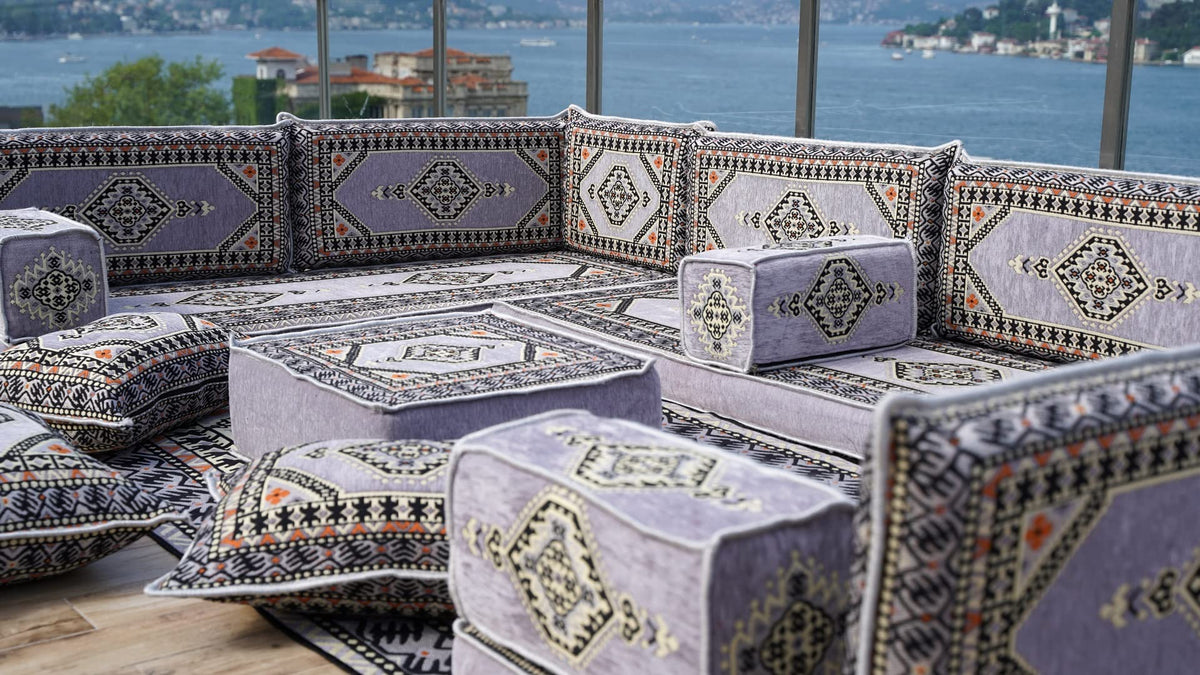 Gray L Shaped Pallet Cushions, Arabic Floor Sofa Set, Oriental Floor Seating, Sectional Floor Cushion, Indoor Floor Pillows, Arabic Majlis Set, Sofa Bed (U Sofa + Rug + Ottoman, 8'' Thickness (20 cm))