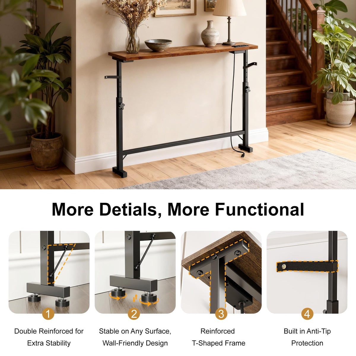 106"-157" Adjustable Length Behind Couch Sofa Table with 3 Power Outlets