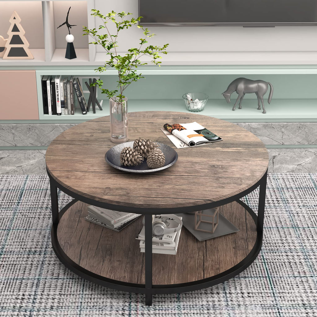 NSdirect Round Coffee Table,36" Coffee Table for Living Room,2-Tier Rustic Wood Desktop with Storage Shelf Modern Design Home Furniture(Light Walnut)
