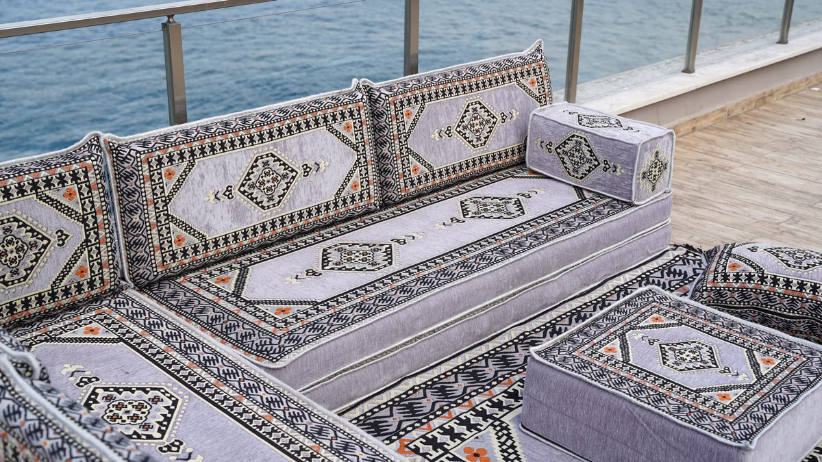 Gray L Shaped Pallet Cushions, Arabic Floor Sofa Set, Oriental Floor Seating, Sectional Floor Cushion, Indoor Floor Pillows, Arabic Majlis Set, Sofa Bed (U Sofa + Rug + Ottoman, 8'' Thickness (20 cm))