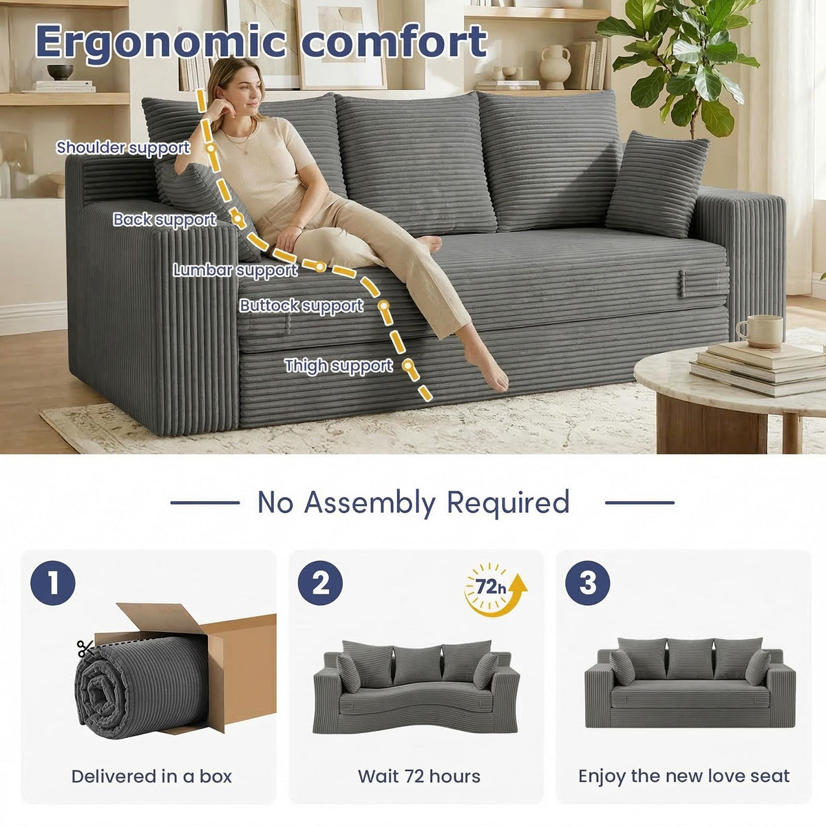 cidludto Convertible Sofa Bed, 3 in 1 Loveseat Folding Couch Bed Foldable - Chaise Lounge Chair & Floor Futon Sofa, Corduroy Pull Out Sofa Bed with 4 Pillows for Living Room, Beige