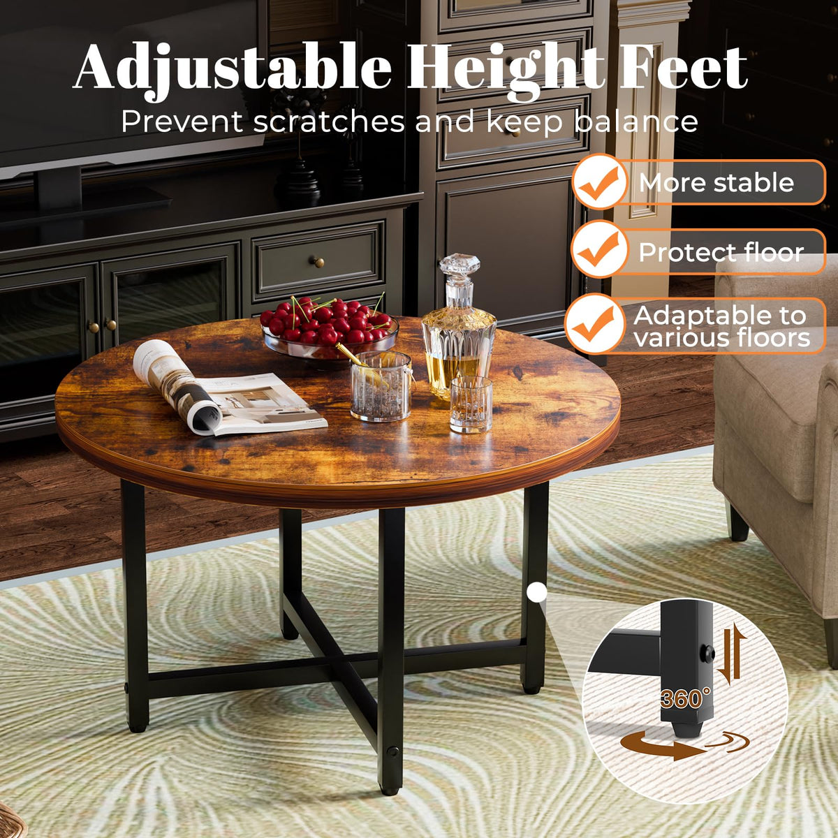 Coffee Tables for Living Room, 27.6" Round Coffee Table, Black Coffee Table