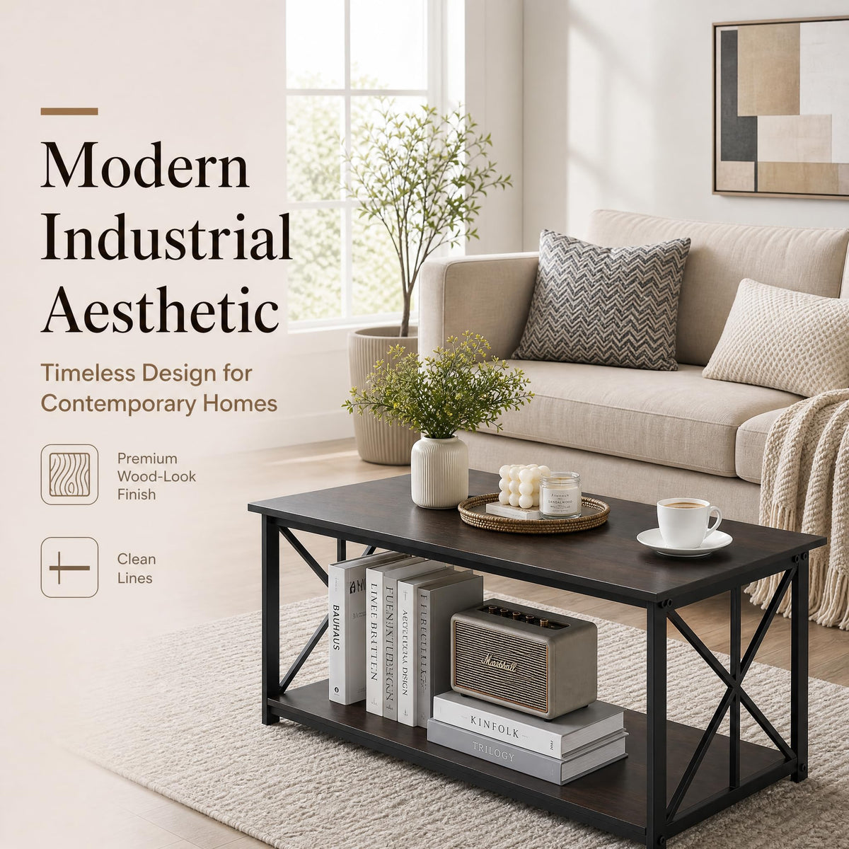 Manora Industrial Rectangular Coffee Table with Storage Shelf, Rustic Brown