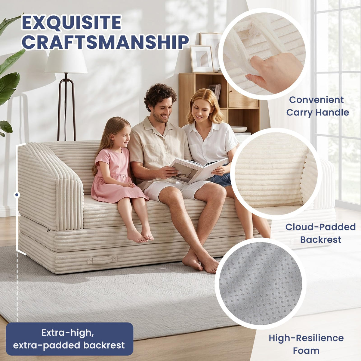 Convertible Folding Sofa Bed, 2-in-1 Single Boneless Sofa with Soft Corduroy & Ultra-Thick Backrest, Foldable Boneless Chair Lounger Sleeper Sofa for Small Apartment, Living Room, Home Office