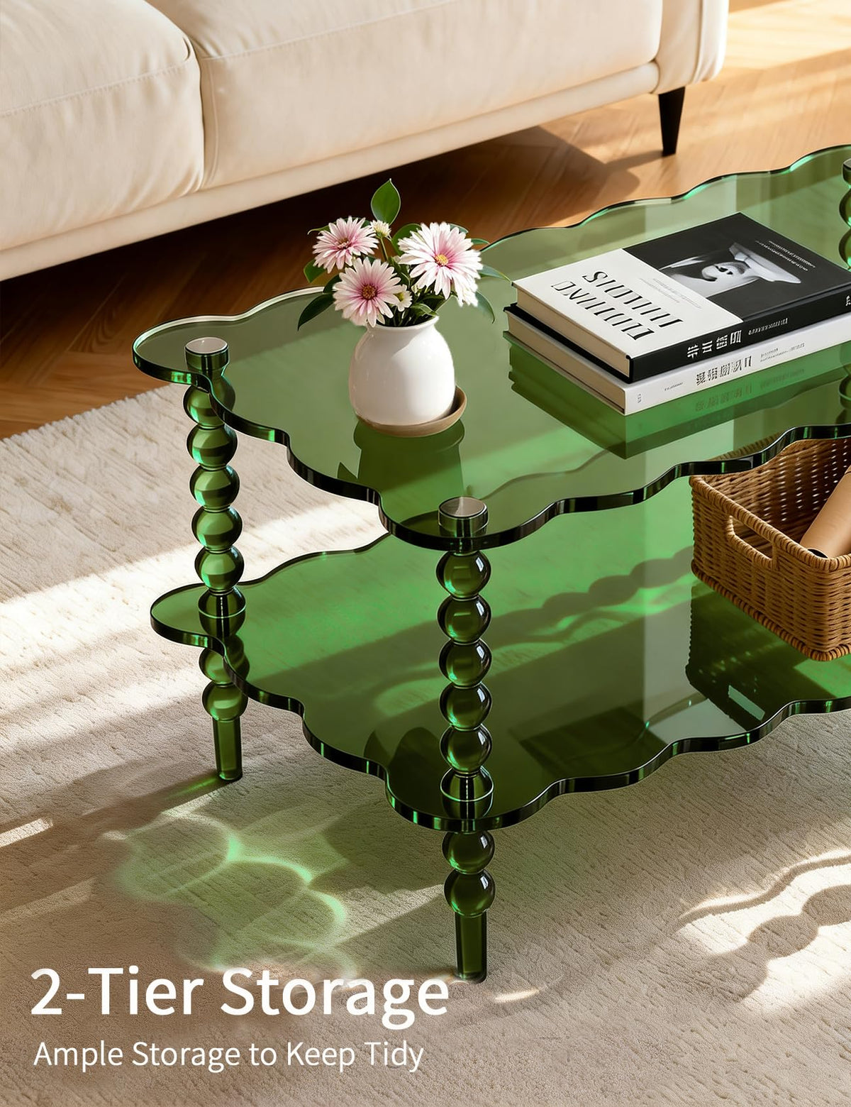 Acrylic Coffee Table, 2-Tier Living Room Table with Storage, Center Table Mid-Modern Century for Living Room, Easy to Assemble (Green, 37.8âÃ23.6âÃ15.7â)