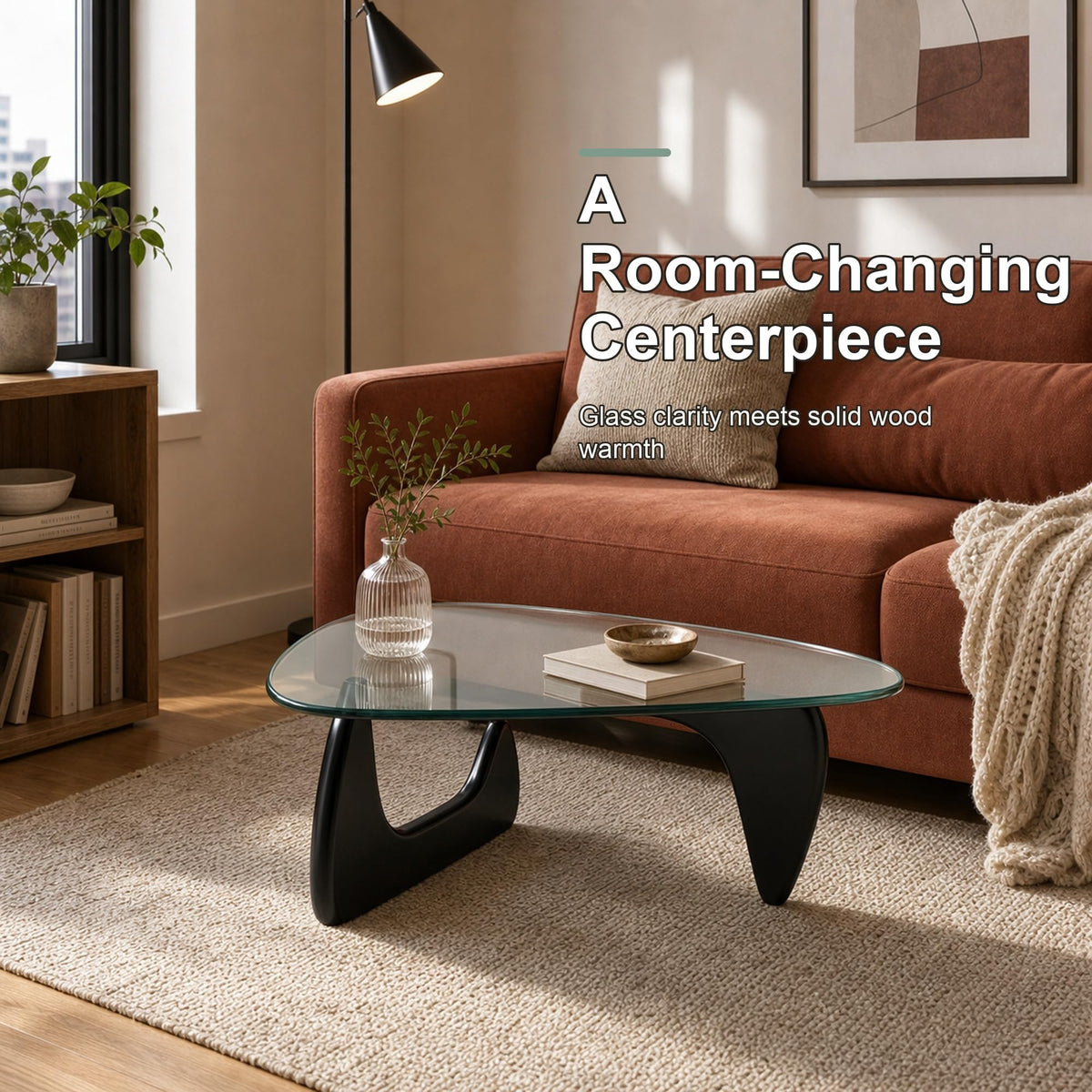 EASYSOUL Modern Glass Coffee Table, 32.68" D x 22.44" W x 15.75" H, Abstract Round Tea Tables for Living Room Home Office Industrial Cocktail Tables (Walnut-Brown Glass, 32.68")