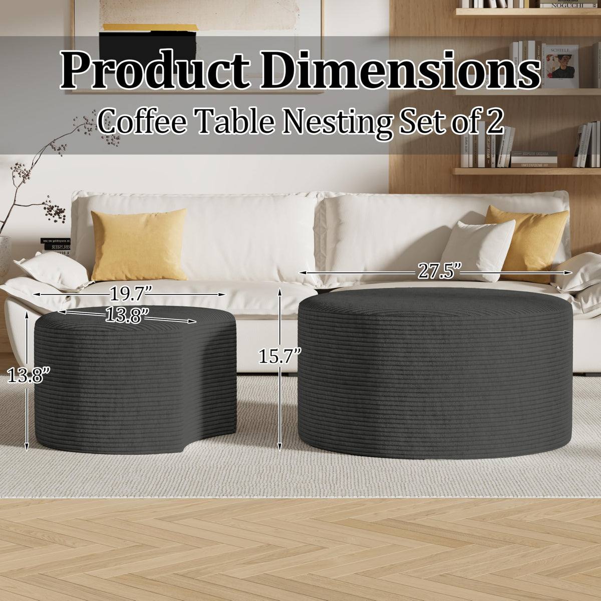 Round Nesting Coffee Table Set of 2,Upholstered Foam Ottoman Footrest Side Table Set,Modern Flannel Circle Coffee Table No Assembly for Living Room Entryway Bedroom,Black