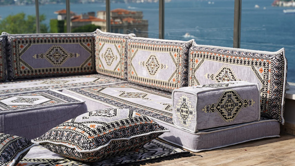 Gray L Shaped Pallet Cushions, Arabic Floor Sofa Set, Oriental Floor Seating, Sectional Floor Cushion, Indoor Floor Pillows, Arabic Majlis Set, Sofa Bed (U Sofa + Rug + Ottoman, 8'' Thickness (20 cm))