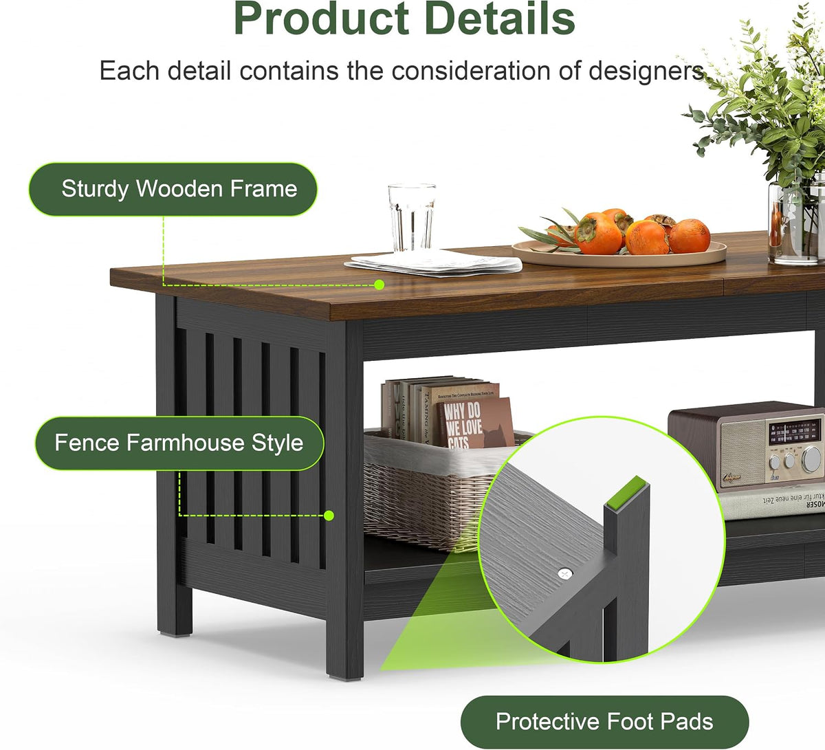 YOSHOOT 47.2" Farmhouse Coffee Table - Coffee Tables for Living Room, Small Coffee Table with Storage, Center Table for Living Room, Bedroom, Office, Black