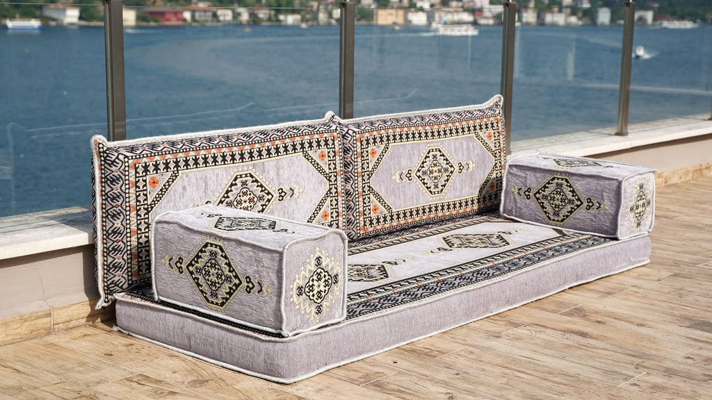 Gray L Shaped Pallet Cushions, Arabic Floor Sofa Set, Oriental Floor Seating, Sectional Floor Cushion, Indoor Floor Pillows, Arabic Majlis Set, Sofa Bed (U Sofa + Rug + Ottoman, 8'' Thickness (20 cm))