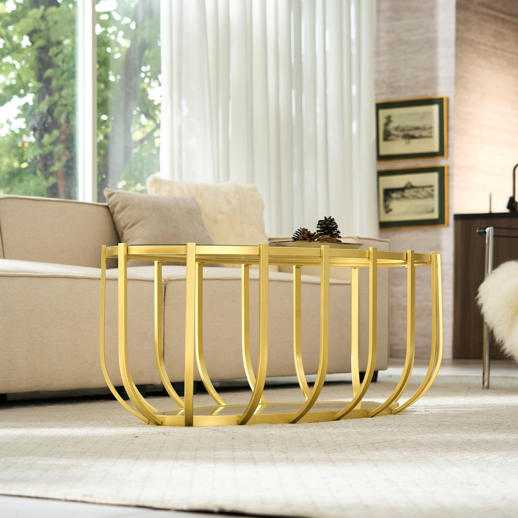 Saint Mossi Gold Round Coffee Table with Clear Glass Top and Glass Shelf